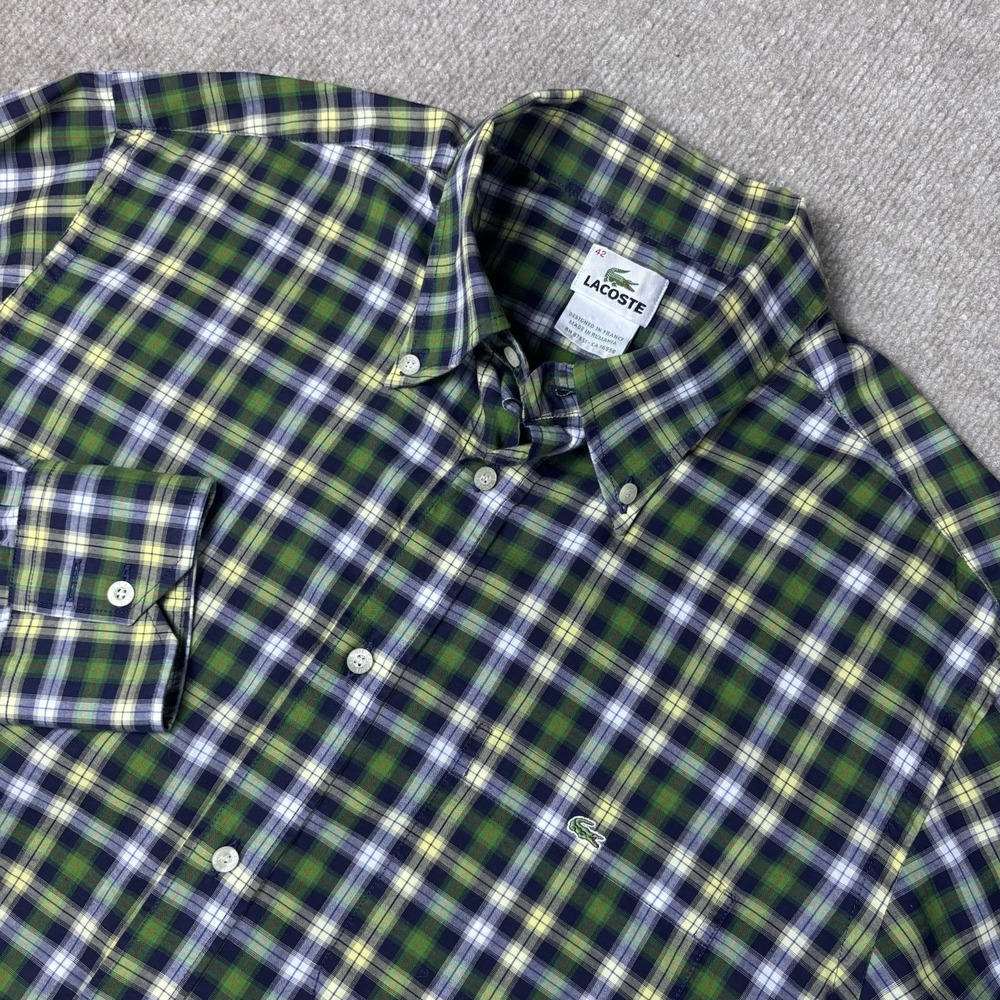 Lacoste Plaid Button Down Shirt Mens 42 L Green Blue 100% Cotton Long Sleeve